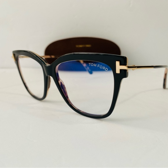 Tom Ford 5704 005 Shiny Black Gold / Blue Block Eyeglasses TF5704 005 54mm
